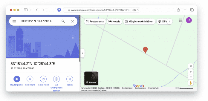  Google Maps im Browser Safari benötigt zusätzlich als Dezimaltrennung den Punkt statt eines Kommas, um die Koordinaten verarbeiten zu können.