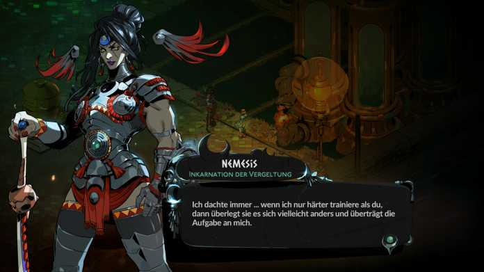 Screenshot aus "Hades 2" mit einem Bild von "Nemesis"