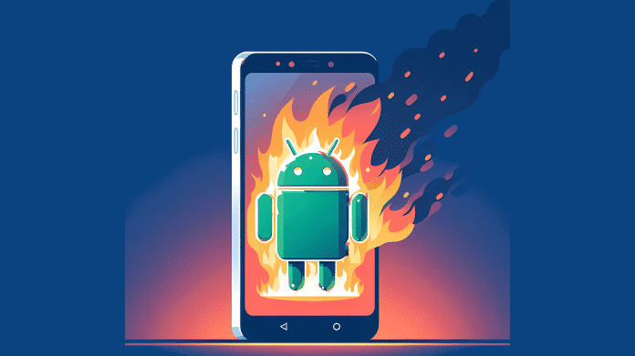 Stilisiertes Bild: Smartphone mit Android-Roboter auf dem Bildschirm, steht in Flammen