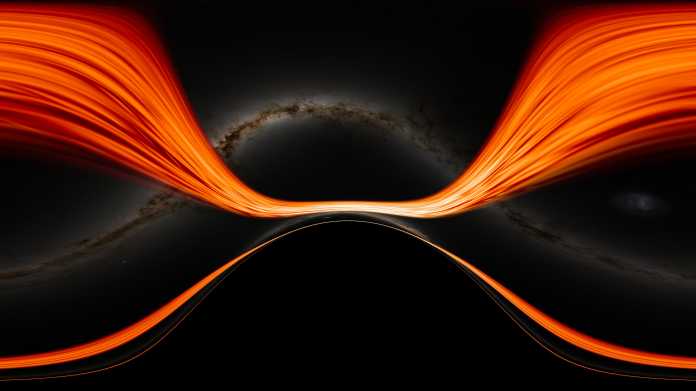 Gekrümmte farbige Streifen vor einer gekrümmten Milchstraße, unten alles schwarz