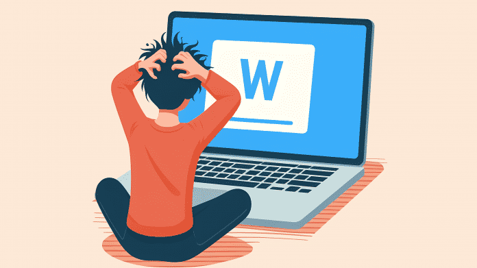 Stilisiertes Bild: Person sitzt verzweifelt vor einem Laptop mit einem "W" wie "Word" auf dem Display