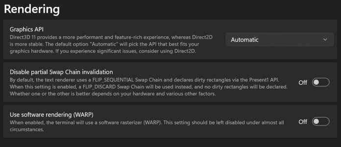 Für die neue Standard-Rendering-Engine AtlasEngine stehen zusätzliche Optionen bereit.​