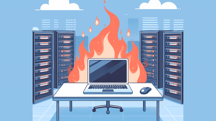 Stilisiertes Bild: Laptop steht auf Schreibtisch vor Serverschränken, es brennt