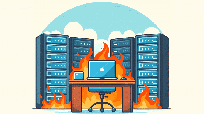 Stilisiertes Bild: Laptop steht auf Schreibtisch vor Serverschränken, es brennt