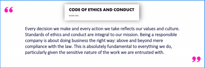 Selbstlob: Im Transparenzbericht von 2023 erklärt die NSO Group, wie hoch ihr Ethik-Standard ist., 