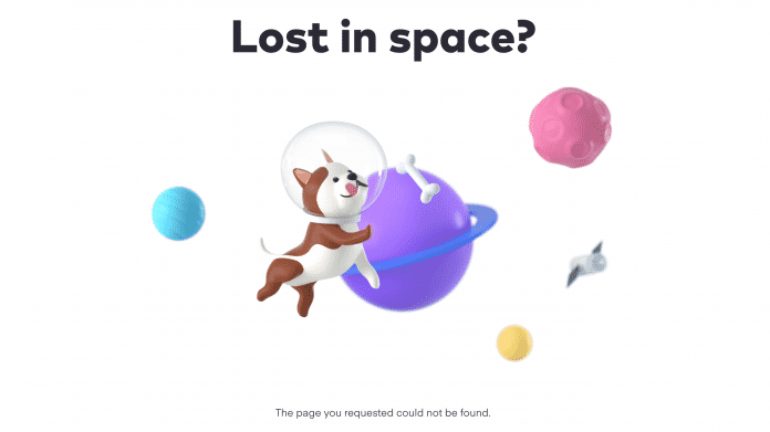 Eine kreative 404-Fehlermeldung mit der Abbildung eines Hundes im All