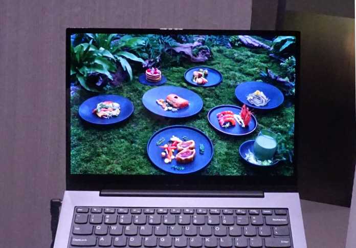 Aufgeklappter Laptop, dessen Bildschirm eine Picknick-Szene zeigt: Im grünen Gras stehen dunkelblaue Teller mit Essen darauf auf, sowie ein Getränkeglas in einer blauen Schale