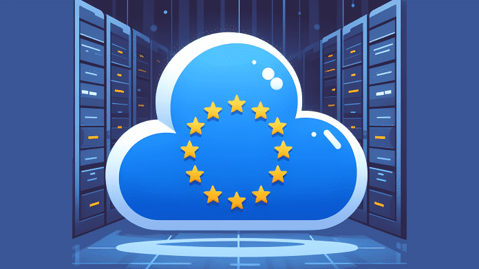 Stilisiertes Bild: Eine Wolke mit EU-Flagge darin, vor Serverracks im Hintergrund