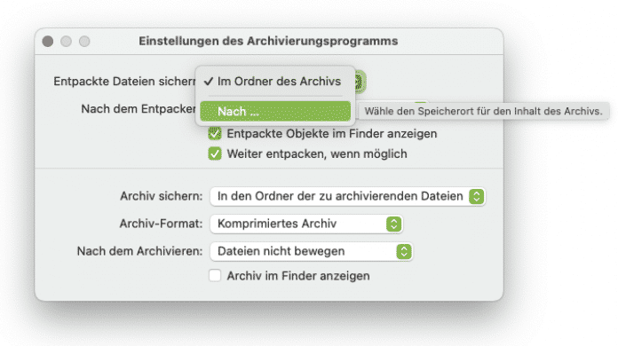 In den Einstellungen des Archivierungsprogramms kann man unter macOS festlegen, wie es beim Anlegen und Auspacken von Zip-Dateien verfährt., 