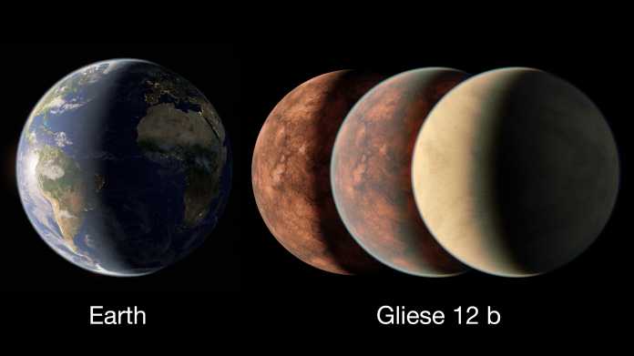 Links die Erde, rechts drei etwa genauso große Planeten mit einer Gesteinsoberfläche, einer dünnen gashülle und einer dichten Atmosphäre