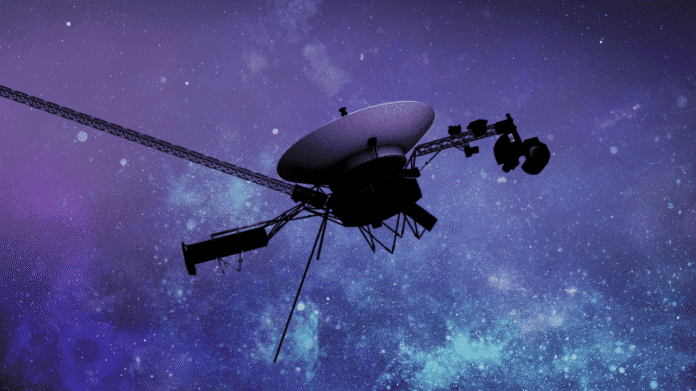 Voyager-Sonde vor blauem Sternenhimmel