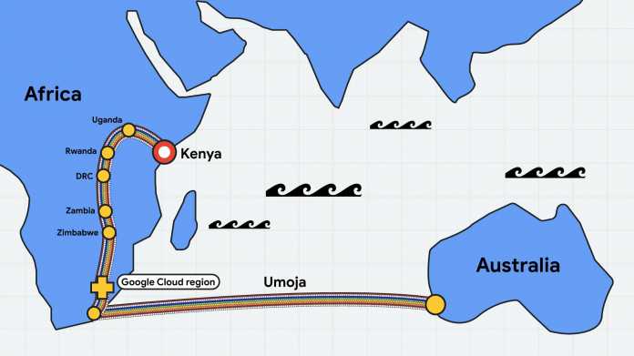 Eine grafische Landkarte zeigt den Verlauf des Seekabels zwischen Australien und Kenials