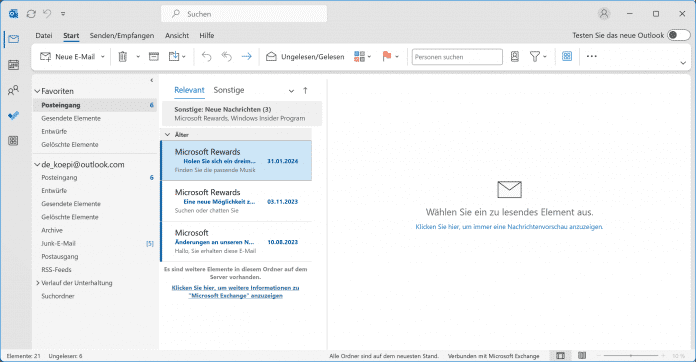 Altes Outlook mit Switch zum Testen des neuen Outlook