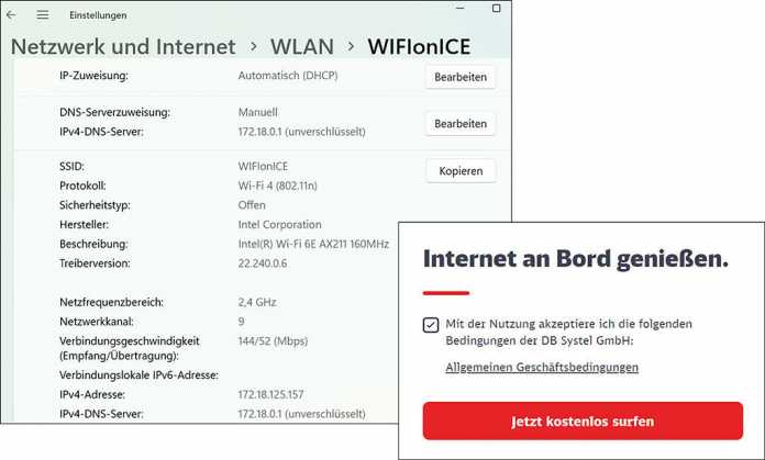 Manche Windows-Notebooks schaffen es nicht automatisch, sich mit dem WLAN-Zugang in ICE-Zügen der Bahn zu verbinden. Die Login-Seite für &quot;WIFIonICE&quot; erscheint dann nicht., 