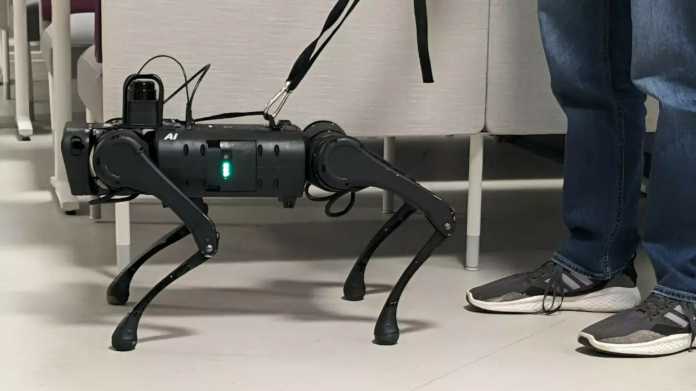 Ein Roboter-Blindenhund an einer Leine.