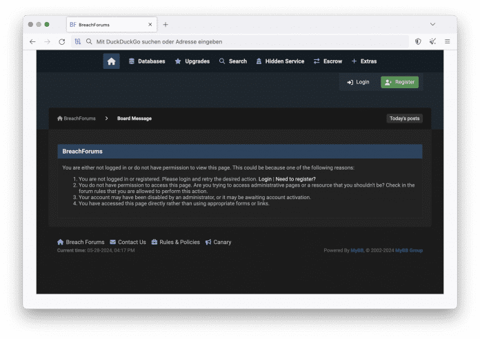 Screenshot der Startseite von BreachForums im Onion-Netzwerk
