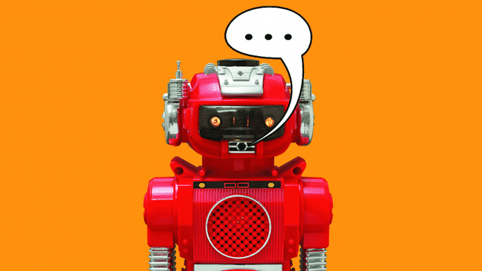 Symbolbild Drei Fragen und Antworten, Roboter mit Sprechblase