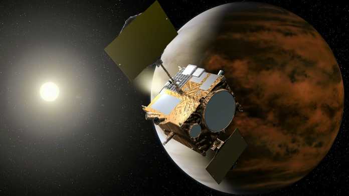 Weltraumsonde mit Venus und Sonne im Hintergrund
