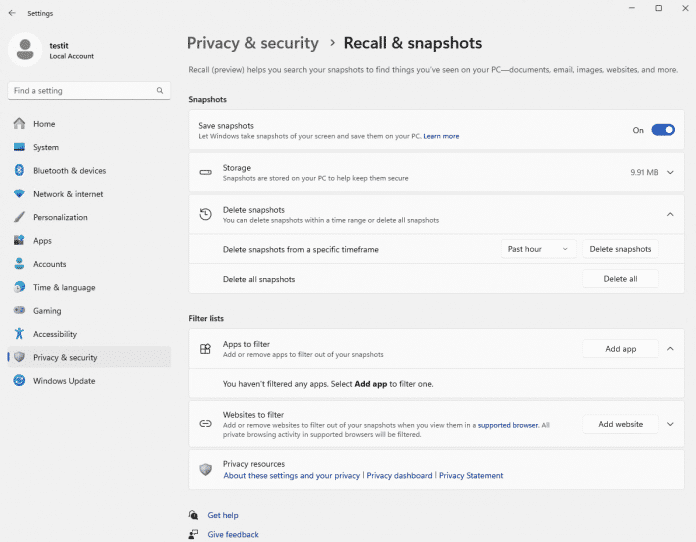 Einstellungsseite für Recall in Windows 11