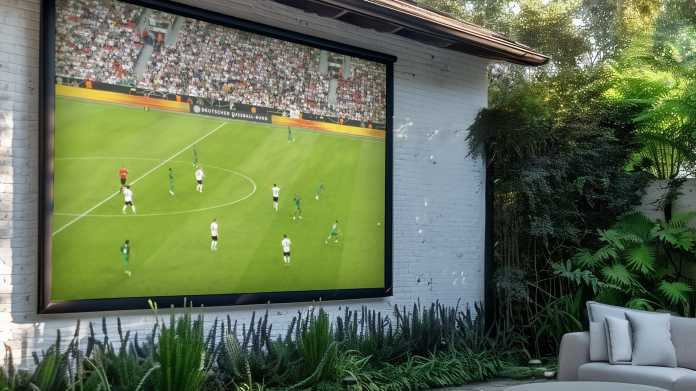 Eine Leinwand mit einem Fußballspiel hängt vor einer Außenwand in einem Garten.