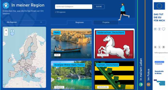 Screenshot of the &quot;What the EU does for me&quot; website. You can see the map of Europe and tiles with the regions.