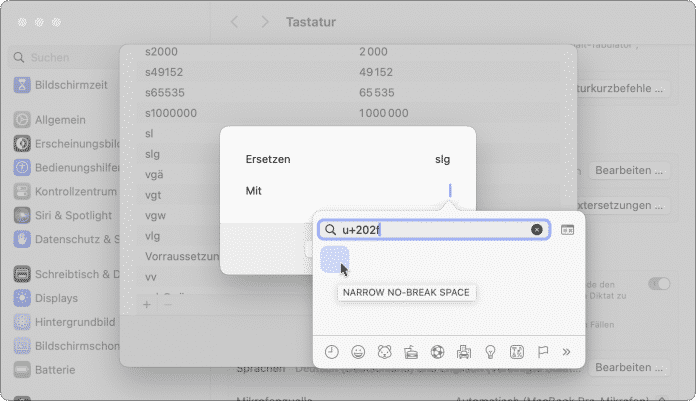  Die Textersetzung von macOS lässt sich dazu nutzen, schwer erreichbare Sonderzeichen einzugeben.