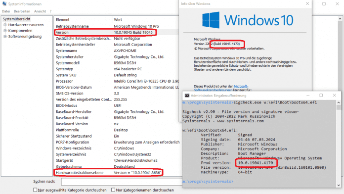Version and build numbers as well as the patch level can be found in various places in Windows, for example in msinfo32.exe or Winver.exe. However, none of these have anything to do with the boot loader, 