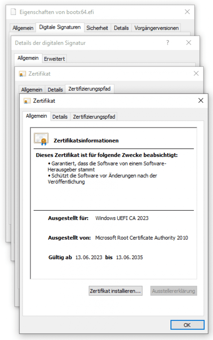 Microsoft's first versions of the new Windows boot loaders are signed with a certificate that is valid until 2035, 