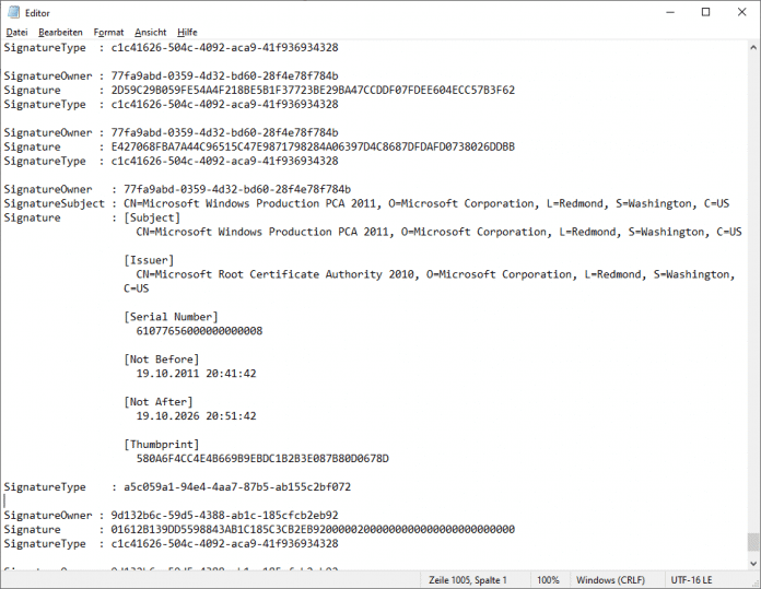 In the DBX, a revoked certificate is often hidden between many checksums of individual revoked bootloaders. The certificate and checksum are each in the &quot;Signature&quot; line, 