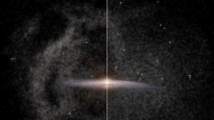 Eine Galaxie mit weißen Punkten im Vordergrund: Links sehr unruhig, rechts sehr gleichmäßig