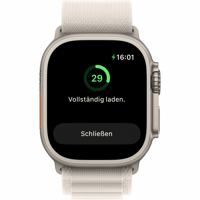  Mit einem Tipp auf das Blitzsymbol lädt die Watch ihren Akku vollständig auf.