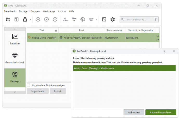 Passkeys können Sie grundsätzlich auch mit anderen Personen teilen, zum Beispiel, wenn Sie KeePassXC verwenden., 