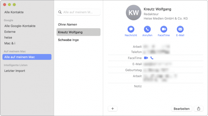  Wenn das externe Adressbuch zickt, kann man einen Kontakt im iCloud- oder lokalen Adressbuch anlegen und in das externe verschieben.