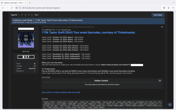 Breachforums-Eintrag zu den Taylor-Swift-Tickets