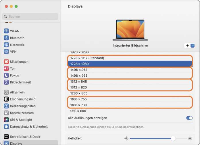  Seit macOS 13.3 stehen Auflösungen mit geringerer Höhe zur Auswahl, bei welchen die Notch nicht mehr ins Bild ragt.