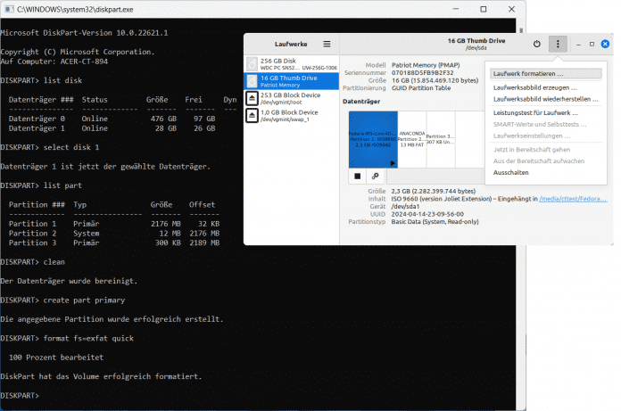 Während unter Linux USB-Sticks mit ein paar Mausklicks formatiert sind, muss man unter Windows manchmal ein Terminalprogramm bemühen., 