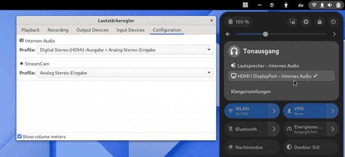 Erkennt das System mehrere Audiogeräte, bietet Gnome neben dem Lautstärkeregler ein Menü zum Umschalten an., 