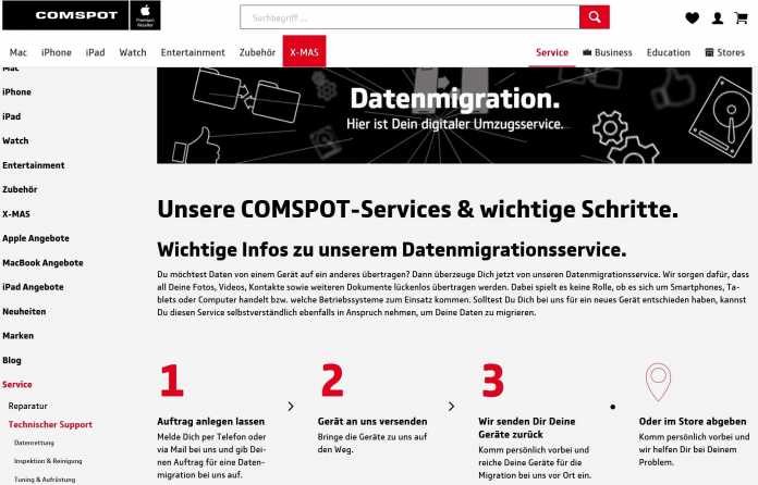 Tückisch: Der Apple-Händler Comspot bietet an, Kundendaten von alte auf neue Geräte zu migrieren., 