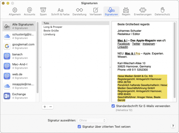  Auch mit Apples Mail kann man seine Signatur typografisch gestalten und Links unterlegen.