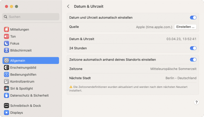  Überprüfen Sie in den Systemeinstellungen von macOS unter anderem, ob Ihre Zeitzone die der Bücherei entspricht.