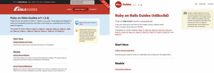 The Rails documentation is currently being revised, as the before and after view shows. 