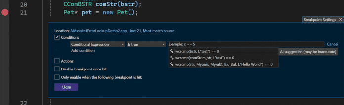 GitHub Copilot schlägt Breakpoints für C++-Code vor.​