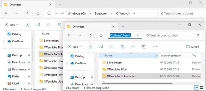 By default, the address bar shows German names as breadcrumbs (rear window). A click in the free area to the right of it reveals the real name (front window), 