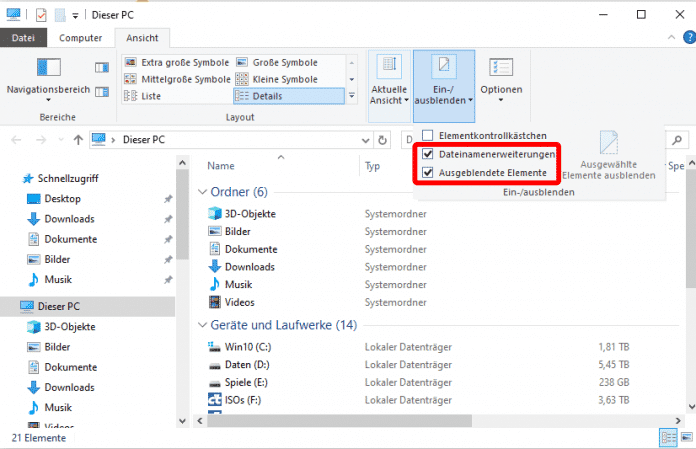 The display of file extensions and hidden files can be activated not only in the folder options, but also in the menu bar. However, system files will still remain invisible, 