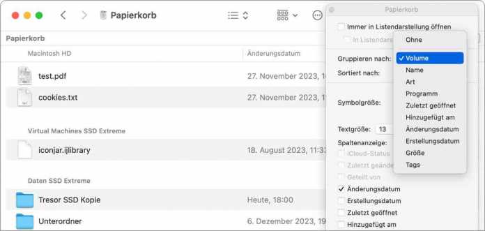  Der Papierkorb kann seinen Inhalt auch nach Volume gruppiert anzeigen, was das gezielte Leeren deutlich erleichtert.