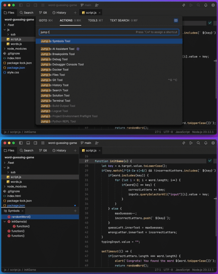 Fleet 1.39: Nach Auswahl von &quot;Jump to Symbols&quot; lässt sich zwischen den Symbolen navigieren.​