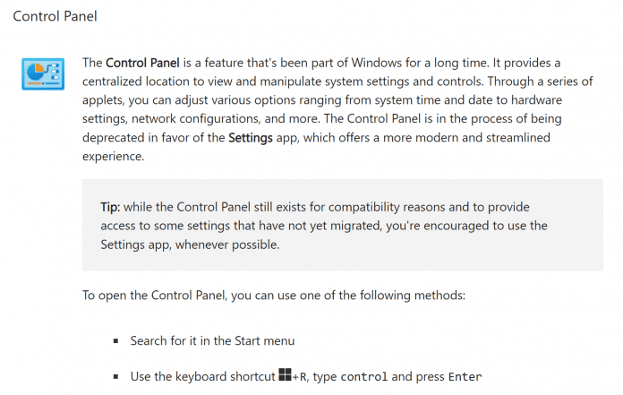 Hinweis auf den Status des Control Panel