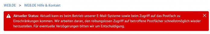 Banner auf web.de weist auf Störungen hin