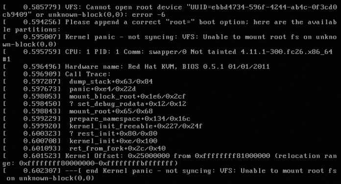 Herkömmliche Anzeige einer Kernel Panic