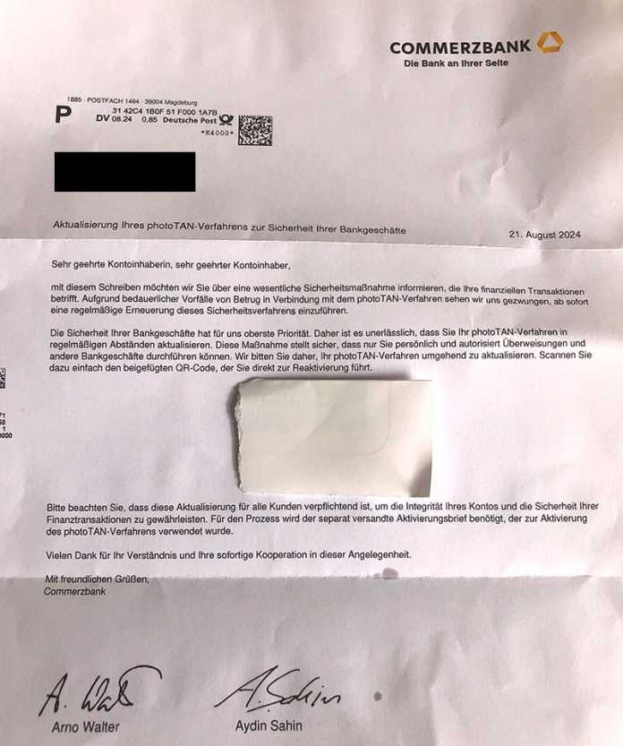 False Commerzbank letter with fraudulent QR code